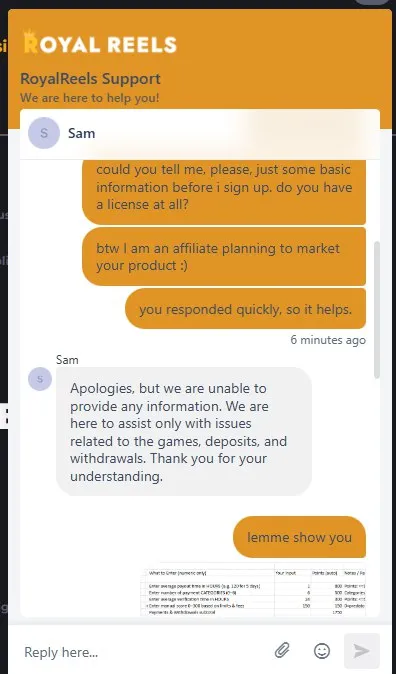 Royal Reels live chat transcript where support avoids direct licensing questions