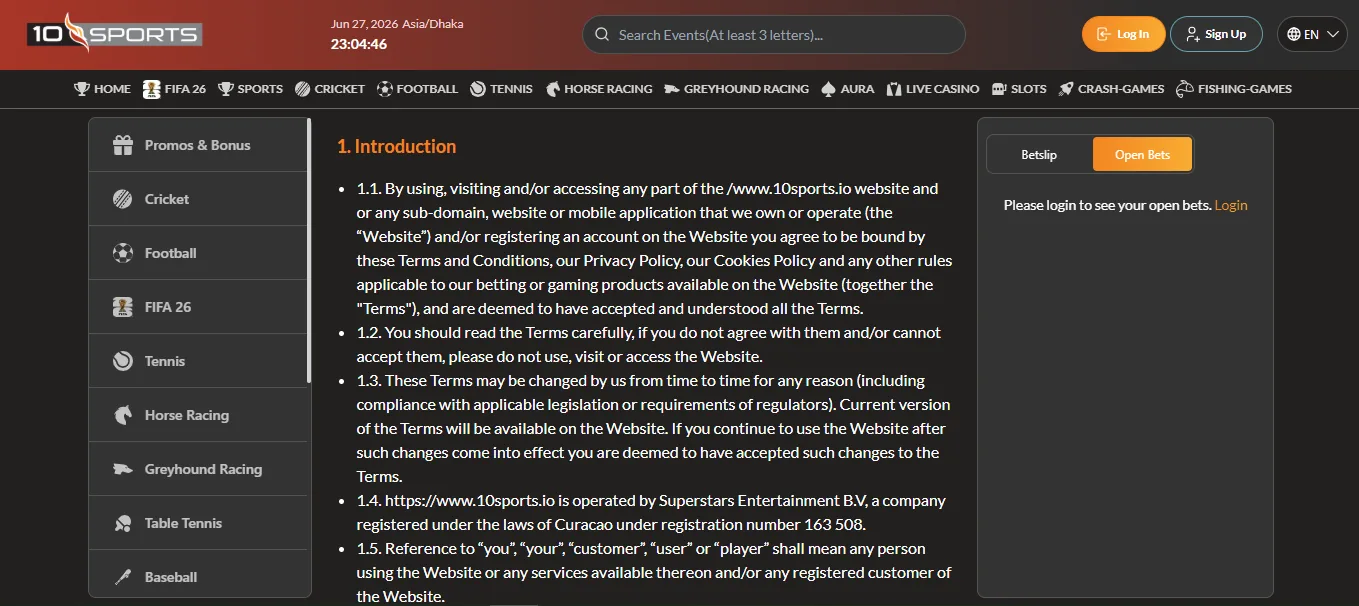 Screenshot of 10Sports's bonus terms and wagering requirements