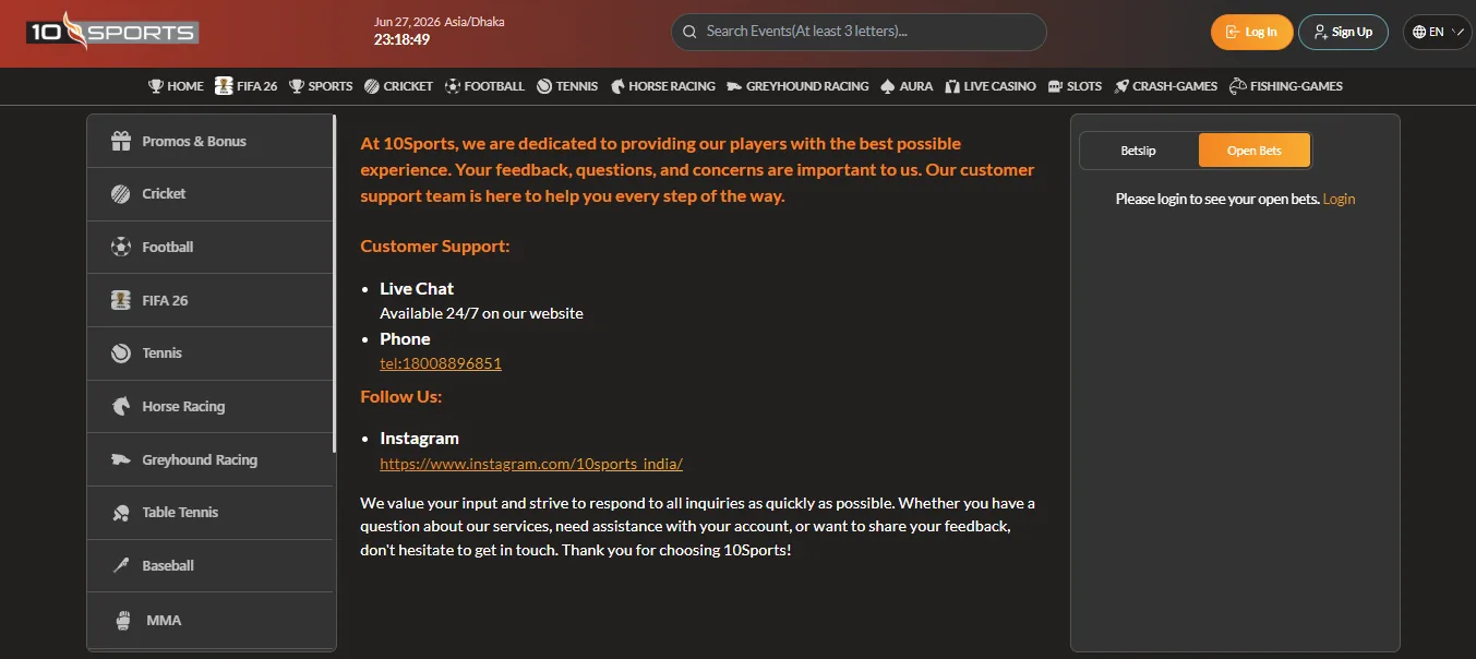 Screenshot of 10Sports's live chat support window