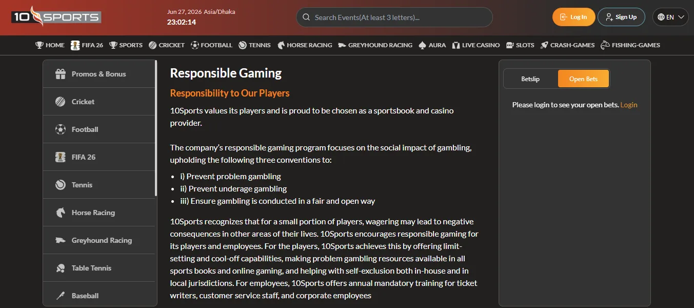 10Sports responsible gambling tools