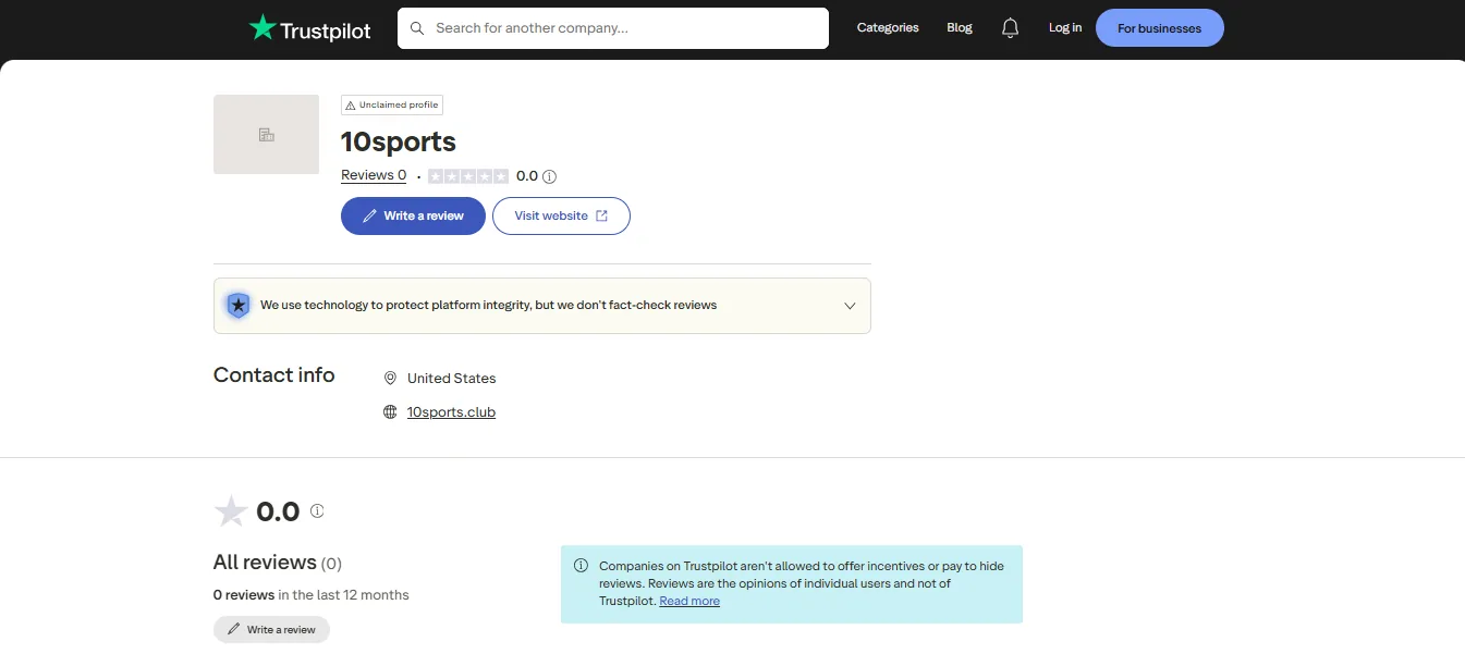 10Sports Trustpilot overview