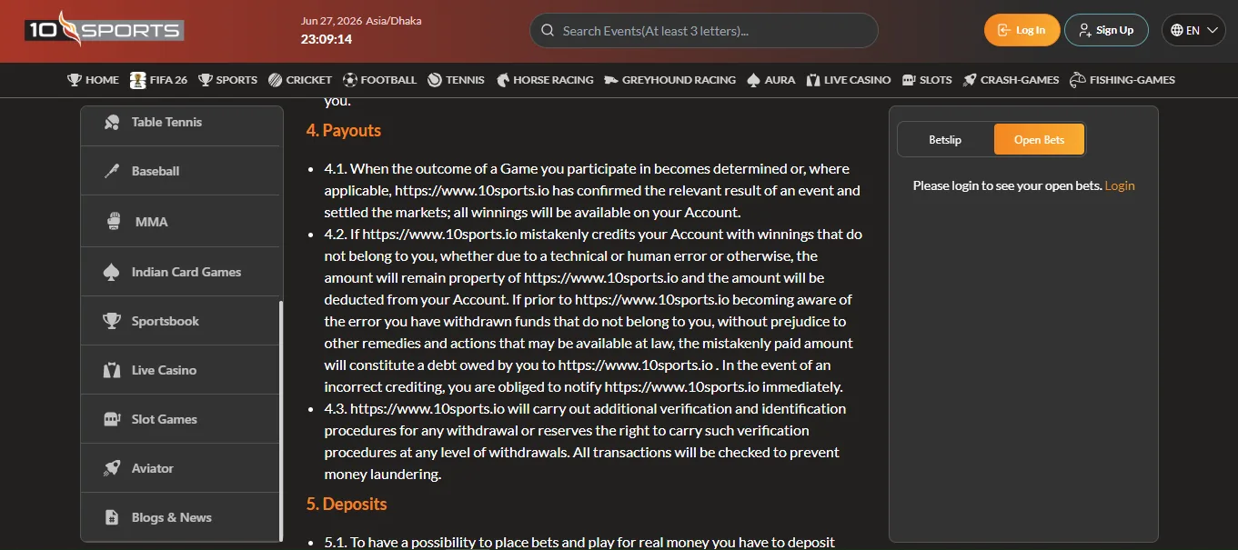 Screenshot of 10Sports's withdrawal section and limits