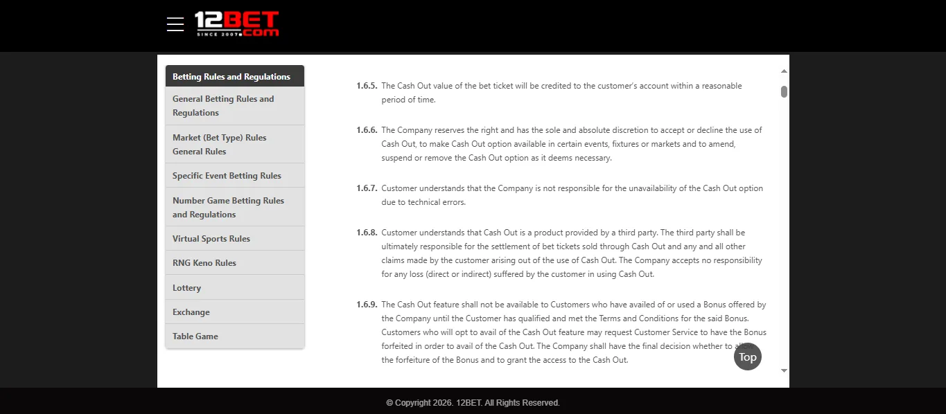 Screenshot of 12bet's bonus terms and wagering requirements