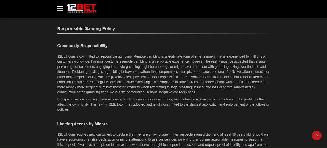 Screenshot of 12bet's responsible-gambling tools