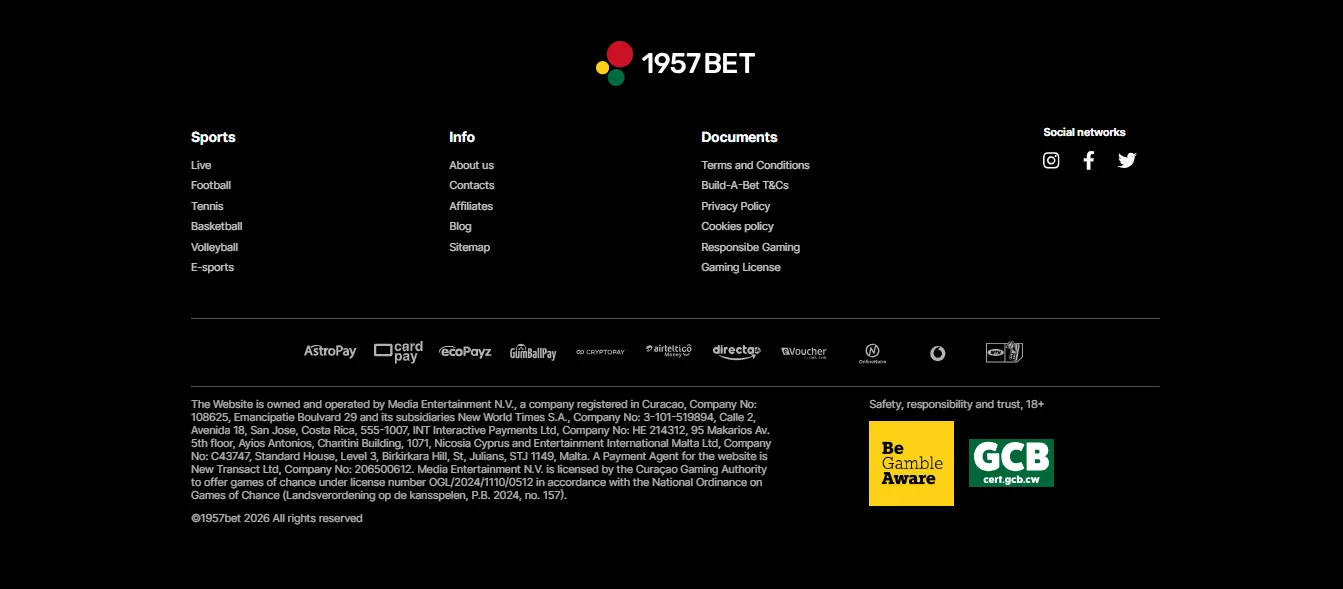1957bet footer showing its Curaçao licence