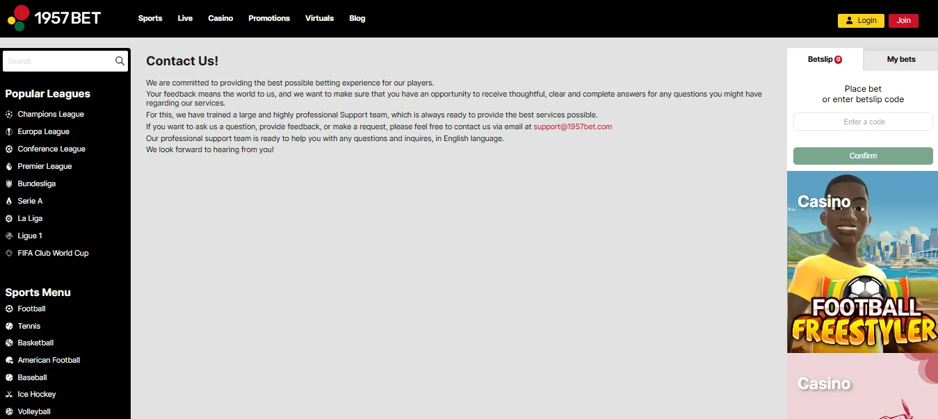 Screenshot of 1957bet's live chat support window