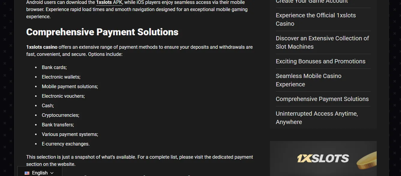 1xSlots deposit methods including crypto