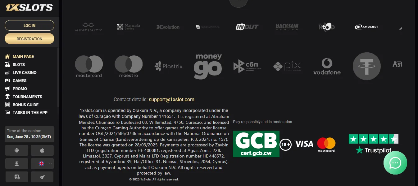 1xSlots footer showing its Curaçao licence