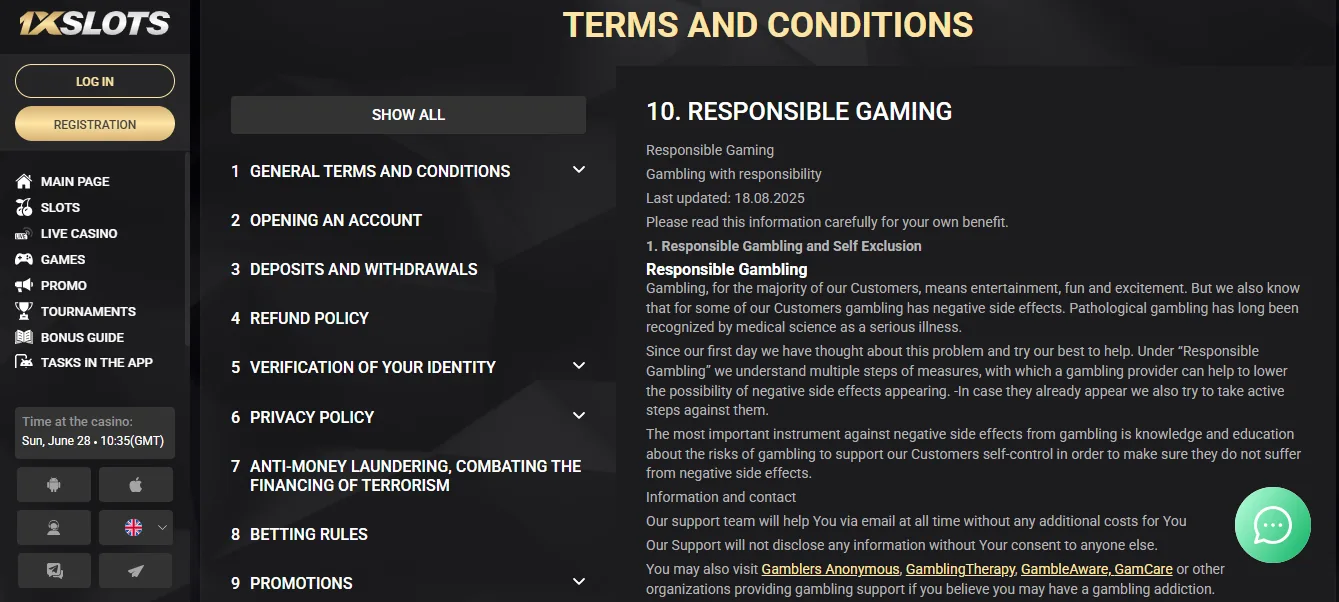Screenshot of 1xSlots's responsible-gambling tools