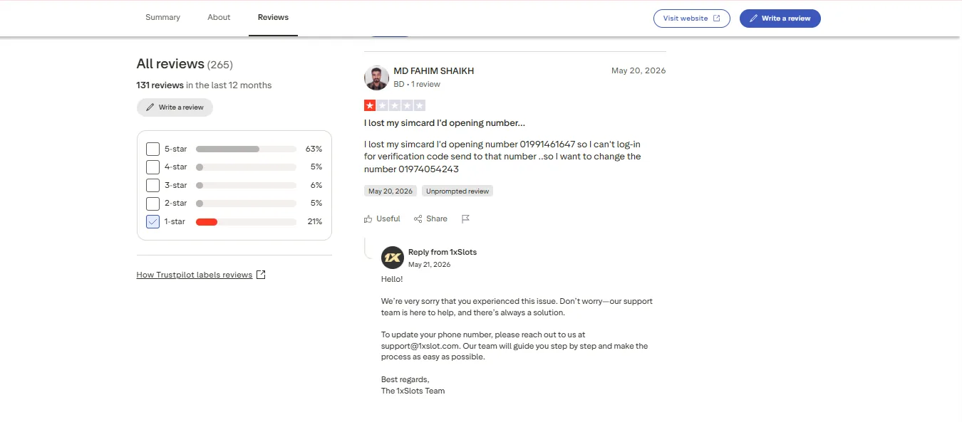 Screenshot of 1xSlots's negative Trustpilot review