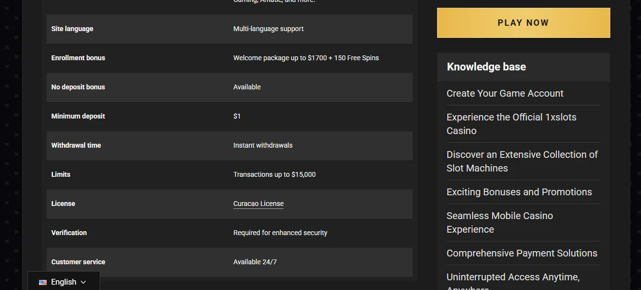 Screenshot of 1xSlots's withdrawal section and limits