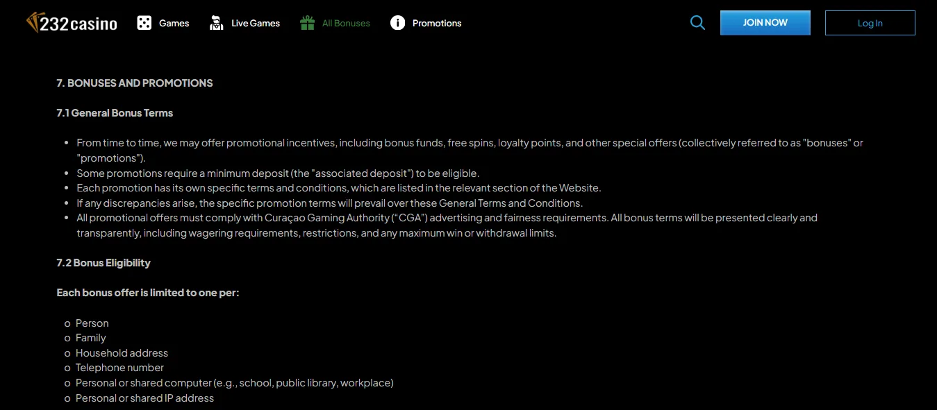 Screenshot of 232Casino's bonus terms and wagering requirements