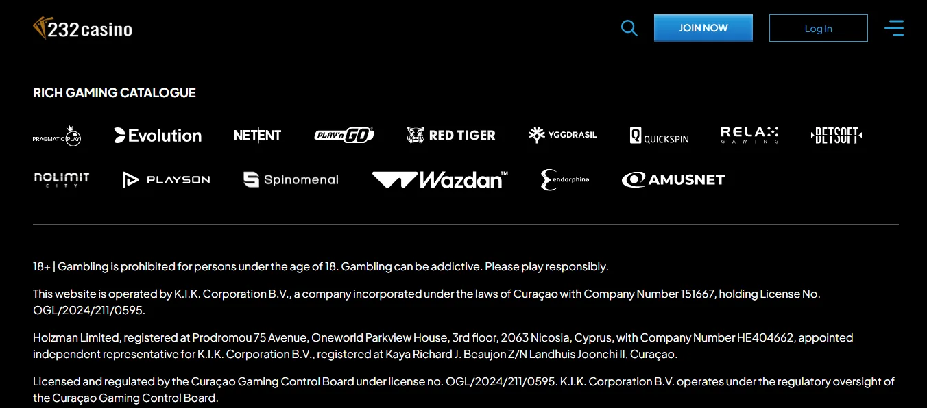 232Casino footer showing its Curaçao licence