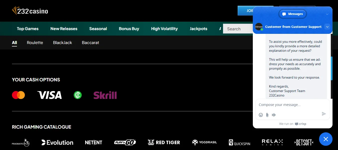 232Casino live chat session