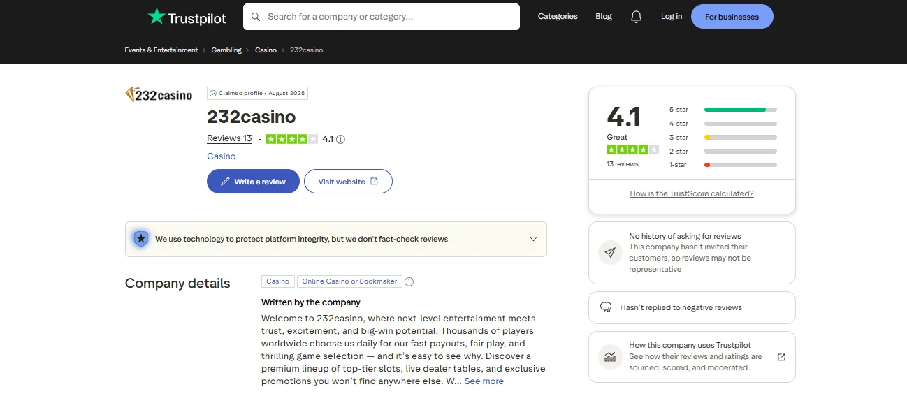 232Casino Trustpilot rating 4.1 out of 5 from 13 reviews