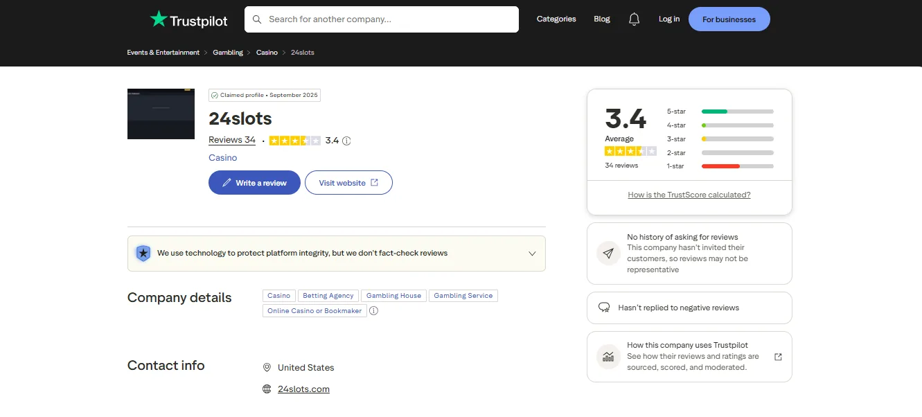24slots Trustpilot rating 3.4 from 34 reviews