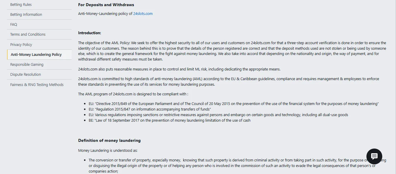 Screenshot of 24slots's withdrawal section and limits