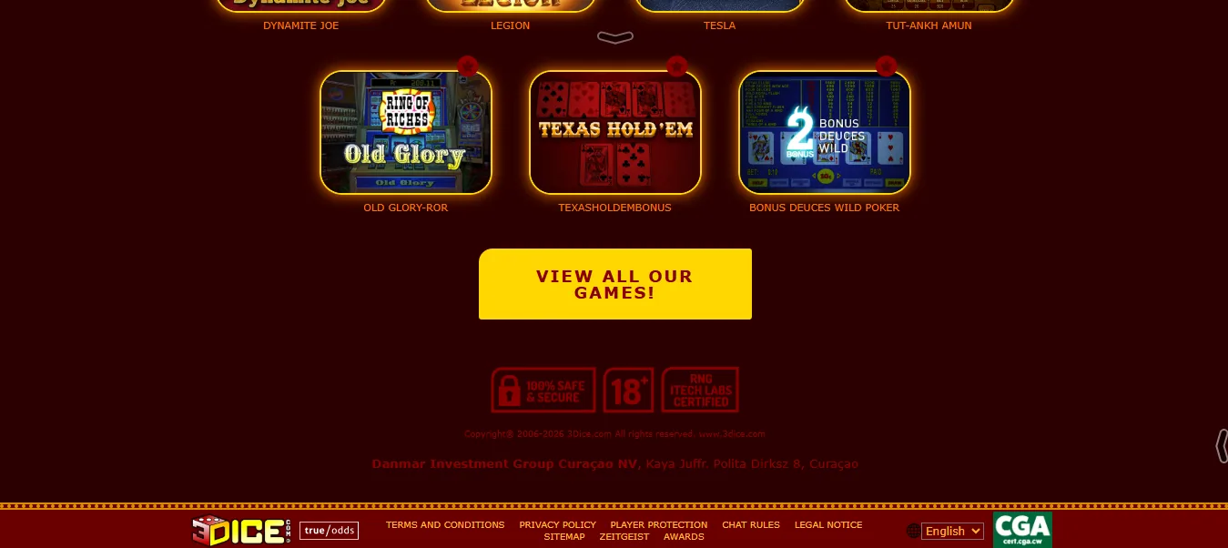 3Dice footer showing its Curaçao licence