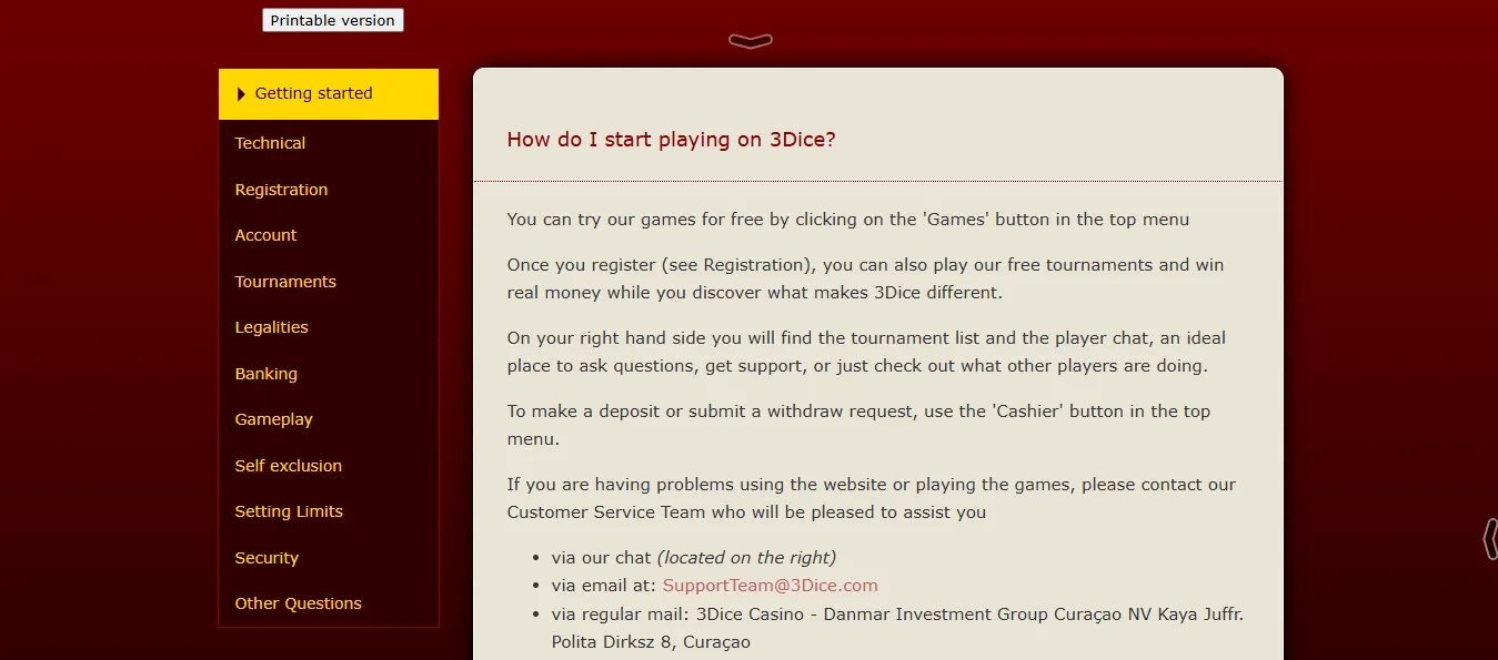 Screenshot of 3Dice's withdrawal section and limits