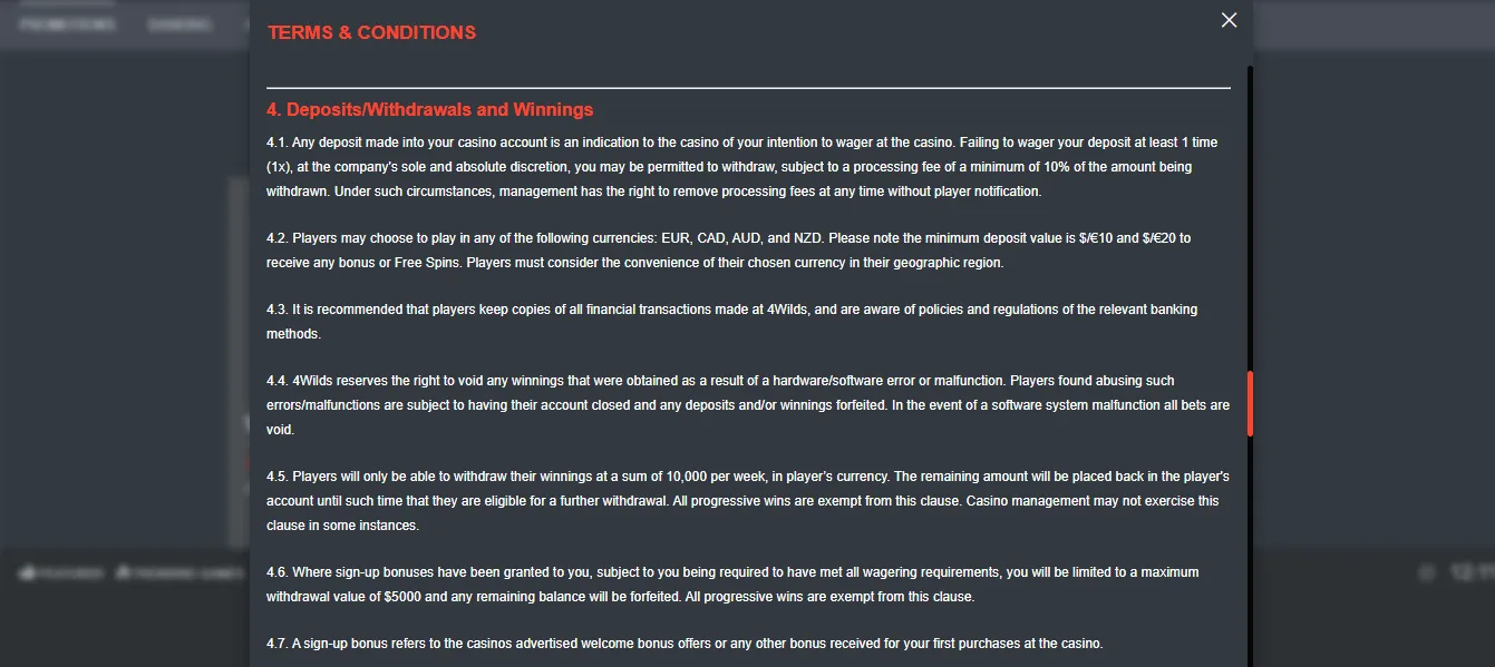 4Wilds bonus and withdrawal terms