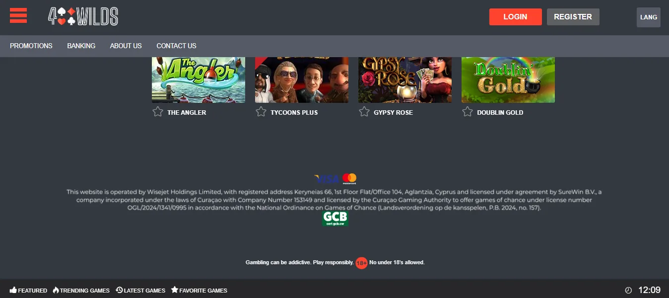 4Wilds footer showing its Curacao licence