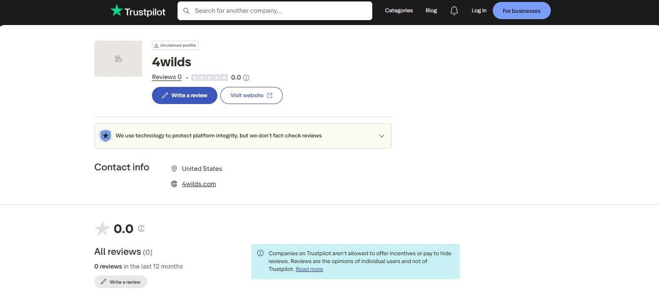 4Wilds Trustpilot profile with no reviews