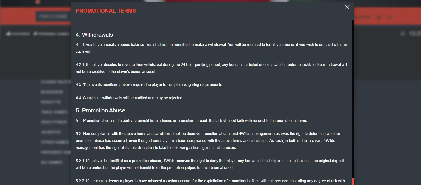 4Wilds promotional withdrawal terms
