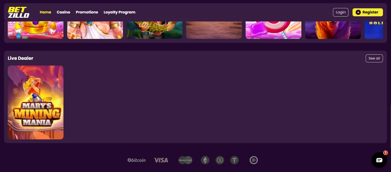 Screenshot of Betzillo's cashier and payment methods