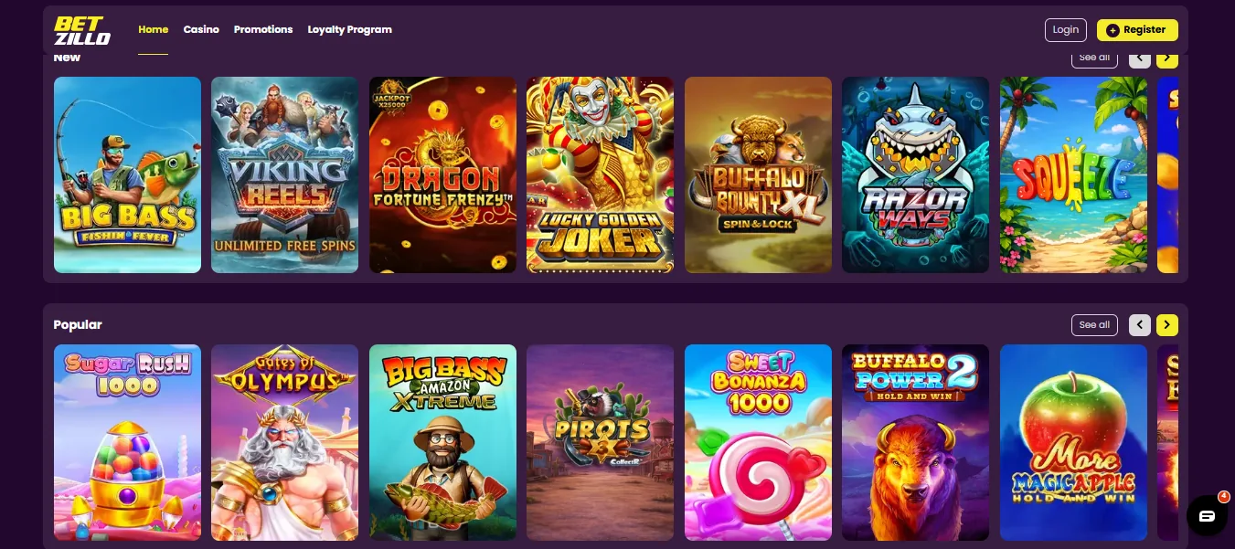 Screenshot of Betzillo's games lobby