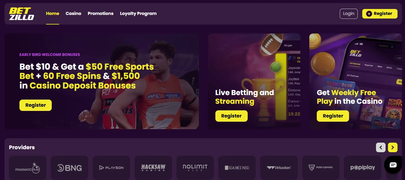 Screenshot of Betzillo's homepage