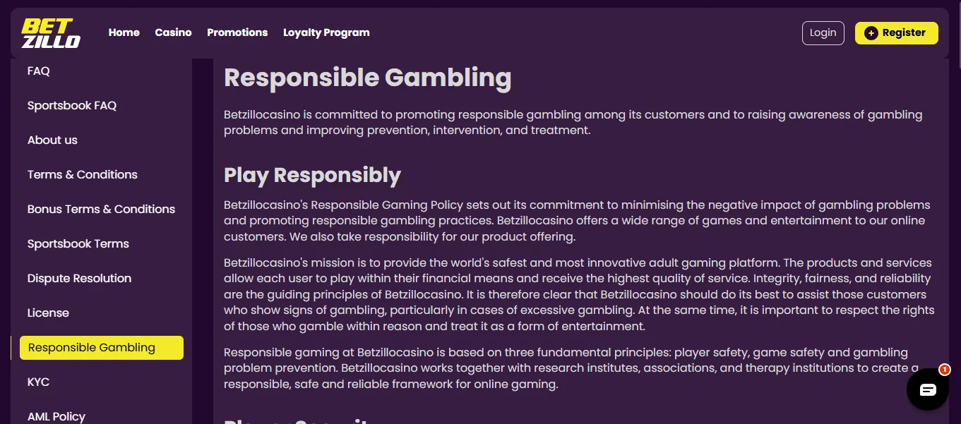 Screenshot of Betzillo's responsible-gambling tools