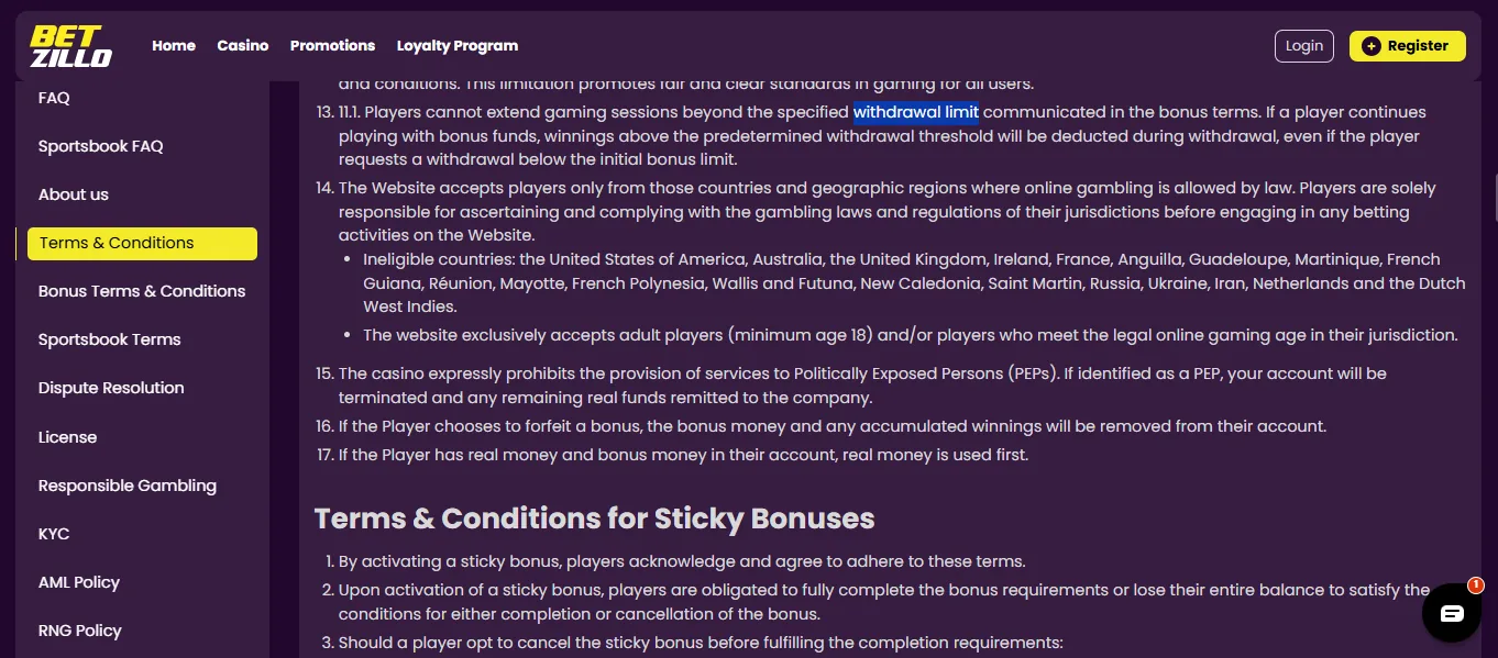 Screenshot of Betzillo's withdrawal section and limits