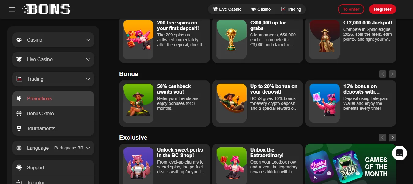 Screenshot of Bons's welcome bonus offer
