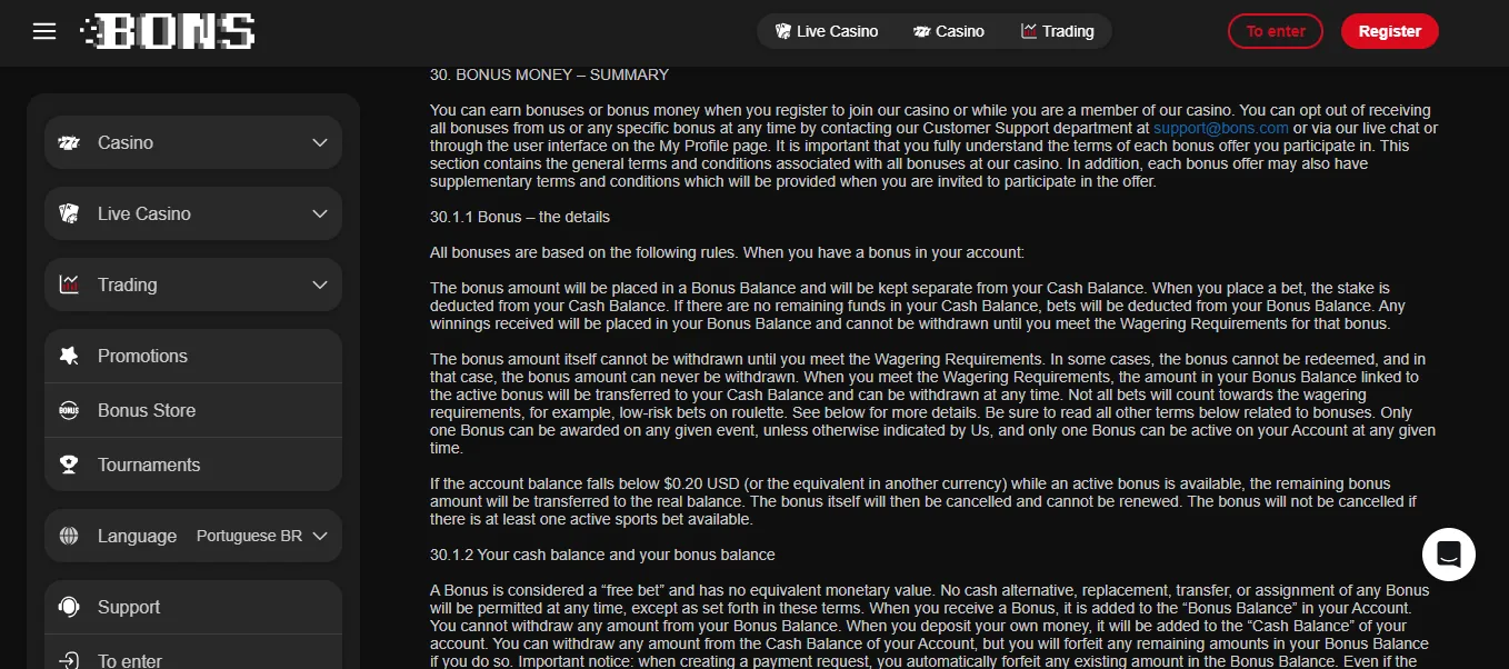Screenshot of Bons's bonus terms and wagering requirements