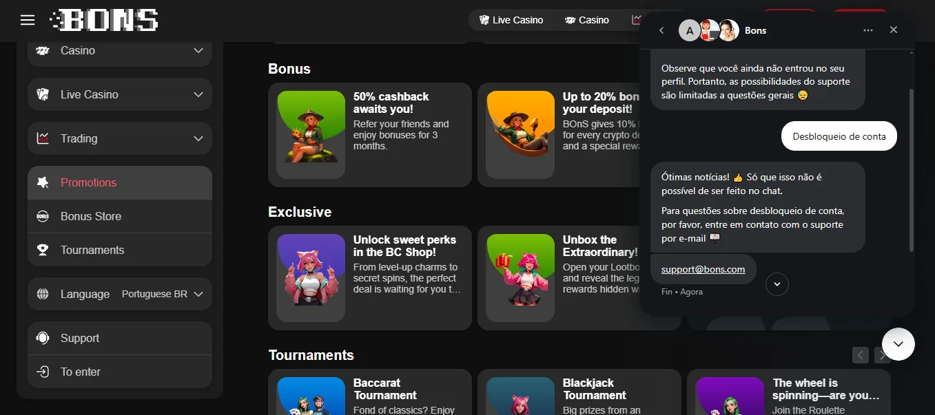Screenshot of Bons's live chat support window