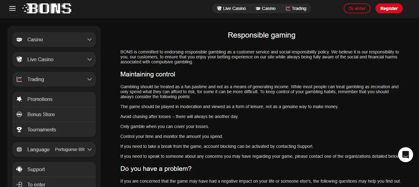 Screenshot of Bons's responsible-gambling tools