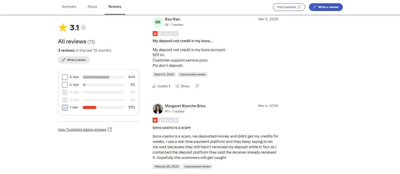 Screenshot of Bons's negative Trustpilot review