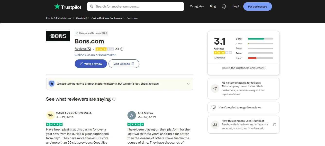 Screenshot of Bons's Trustpilot rating overview