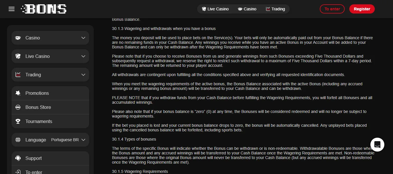 Screenshot of Bons's withdrawal section and limits