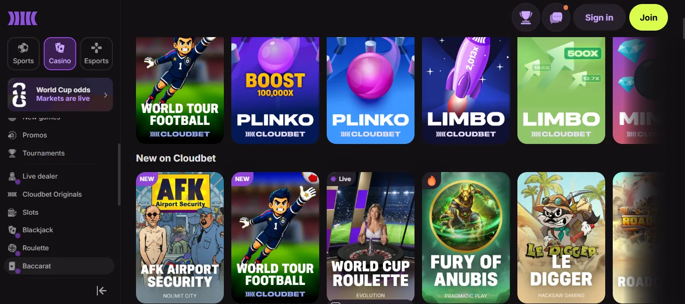 Screenshot of Cloudbet's games lobby