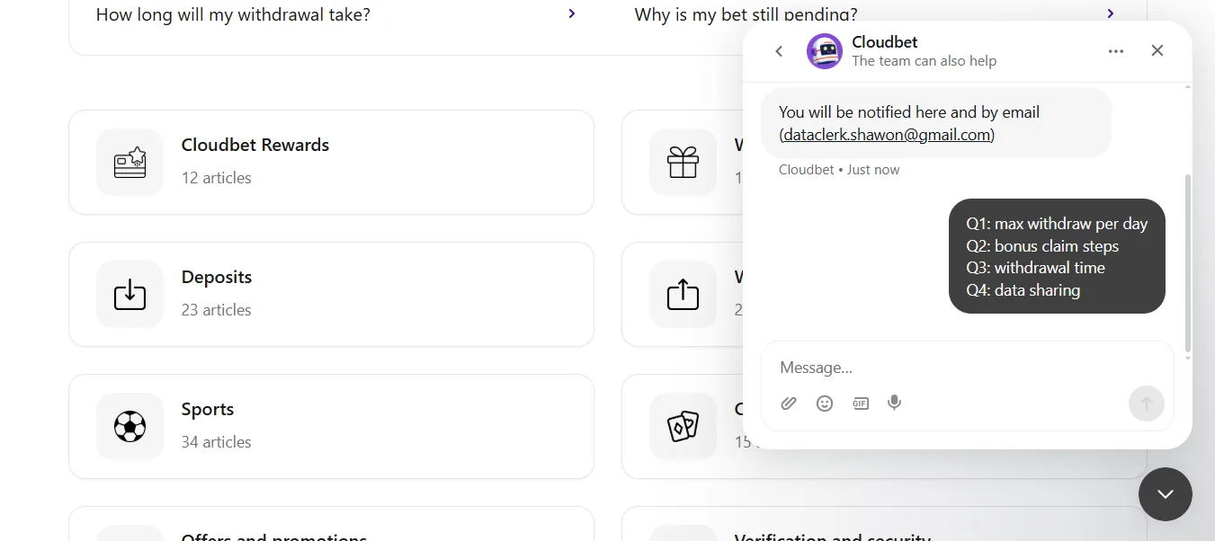 Screenshot of Cloudbet's live chat support window