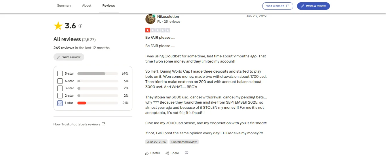 Screenshot of Cloudbet's negative Trustpilot review