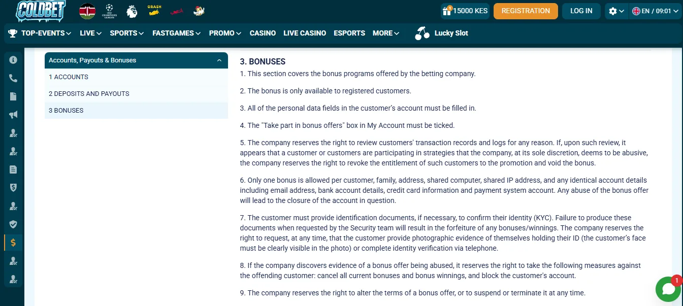 Screenshot of Coldbet's bonus terms and wagering requirements