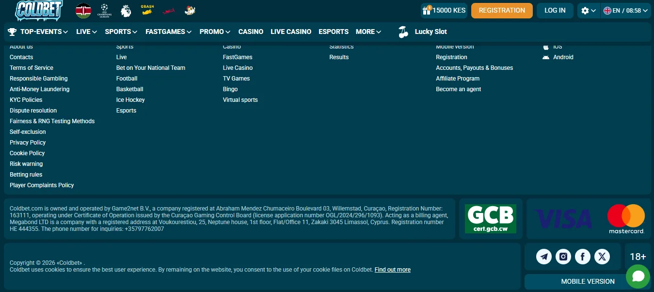 Screenshot of Coldbet's footer licence and regulator details