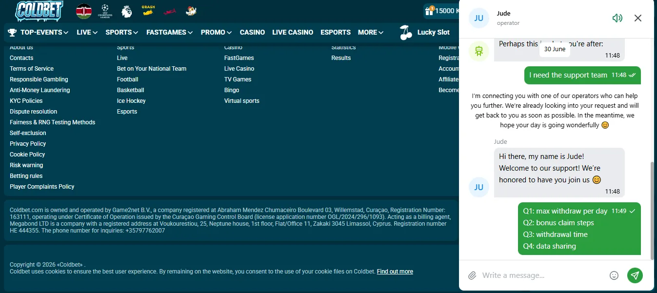 Screenshot of Coldbet's live chat support window