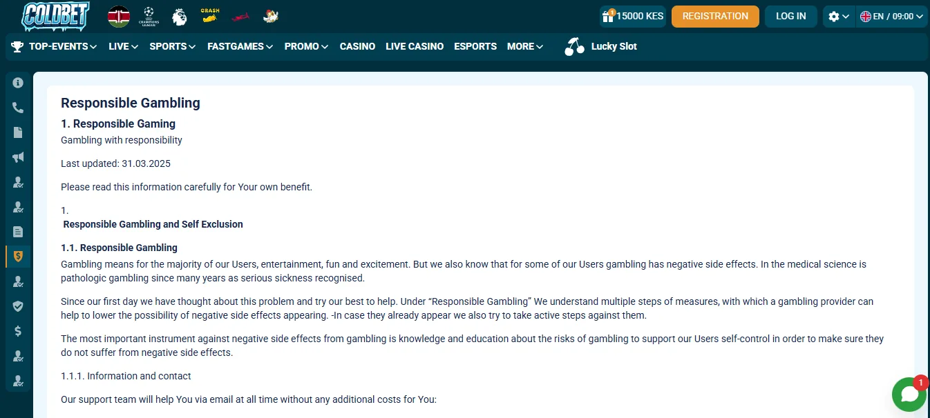 Screenshot of Coldbet's responsible-gambling tools