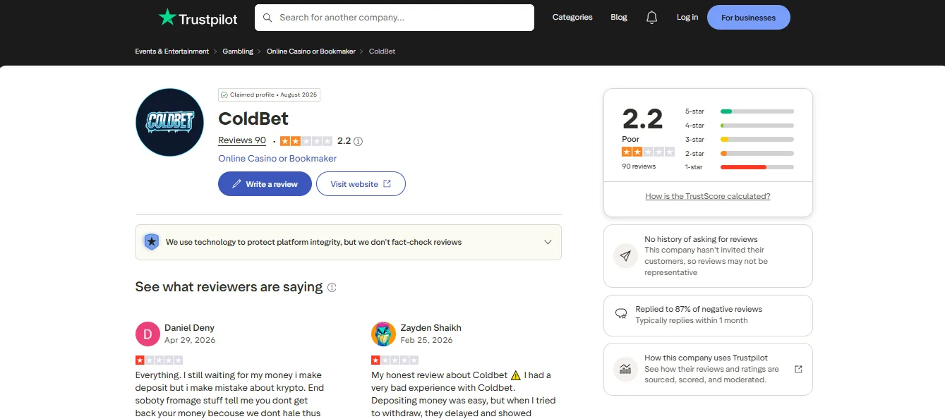 Screenshot of Coldbet's Trustpilot rating overview