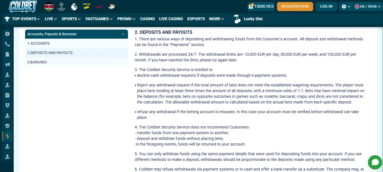 Screenshot of Coldbet's withdrawal section and limits