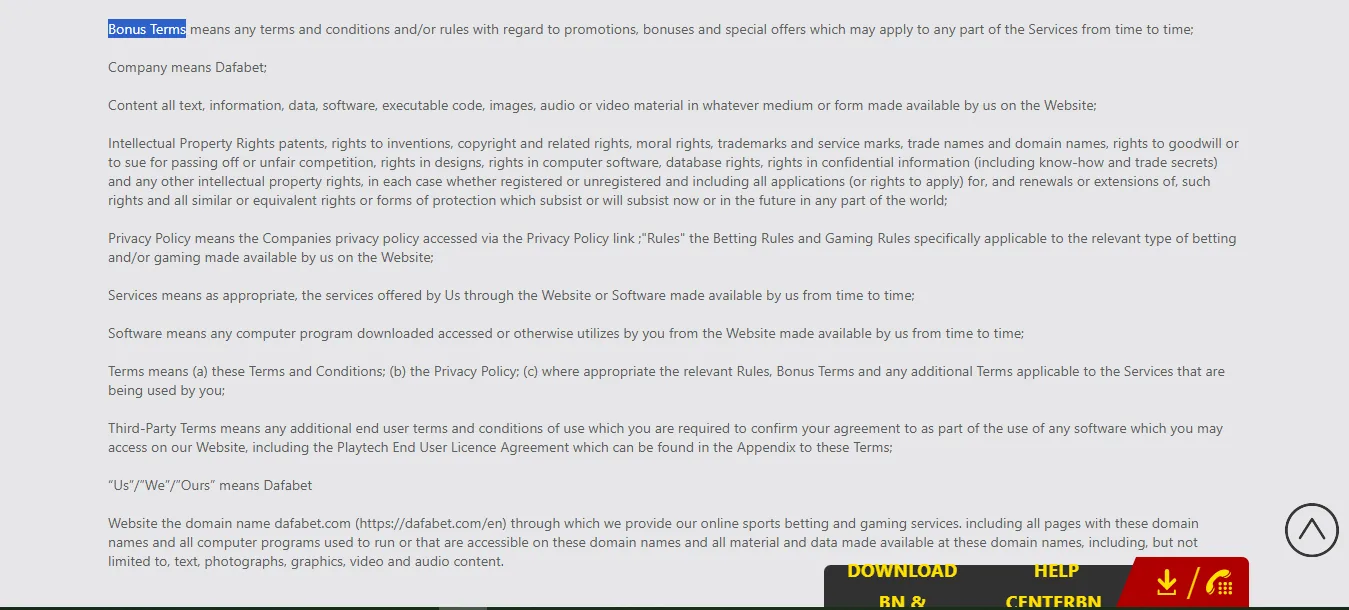 Screenshot of Dafabet's bonus terms and wagering requirements