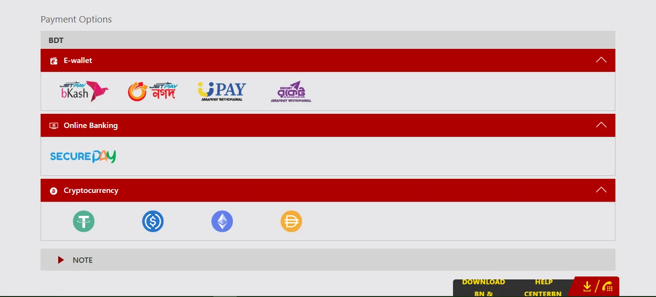 Screenshot of Dafabet's cashier and payment methods